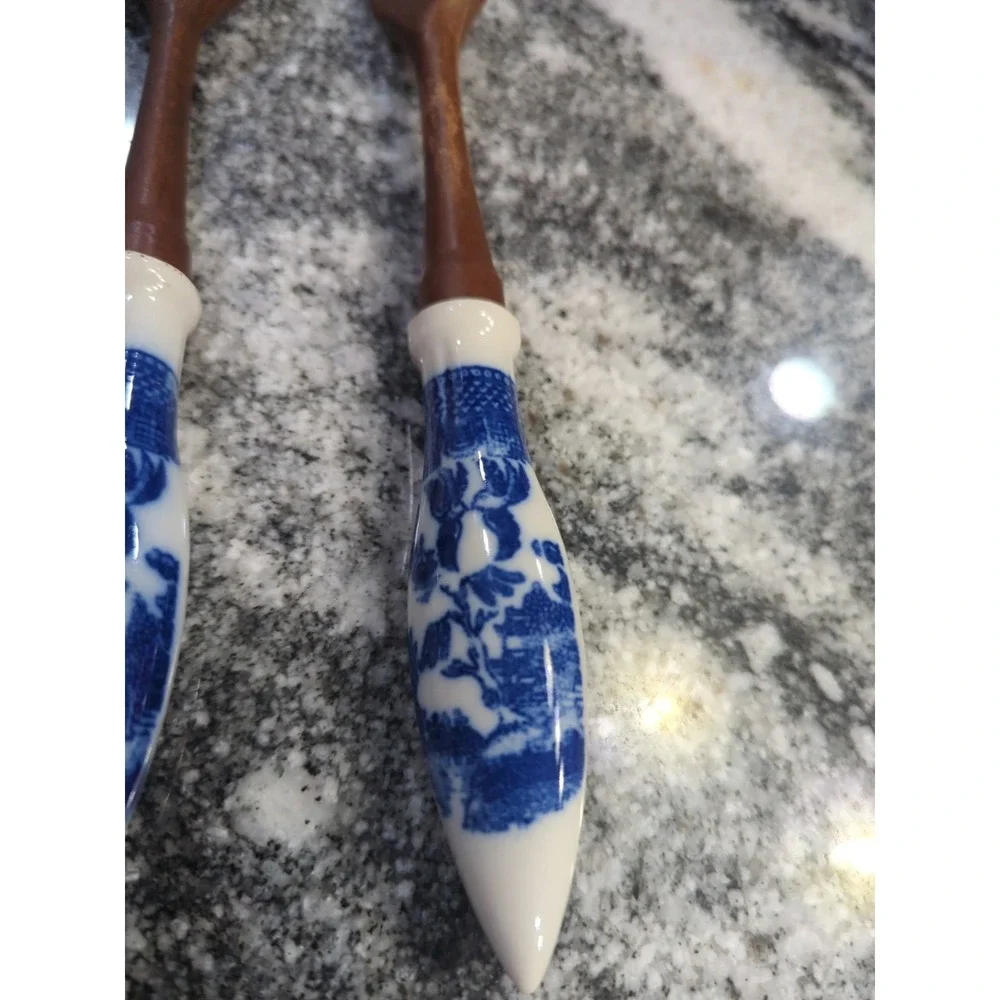 Vintage Delft Blue Ceramic & Wood Salad Set